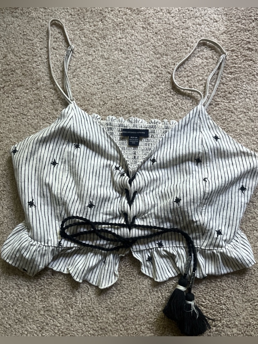 American Eagle Outfitters White and Black Striped Tie-Front Embroidered Cami